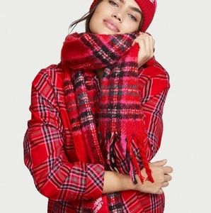 NWT Victoria's Secret • Flannel Long PJ Set in Lipstick Bold Lurex Plaid • Med